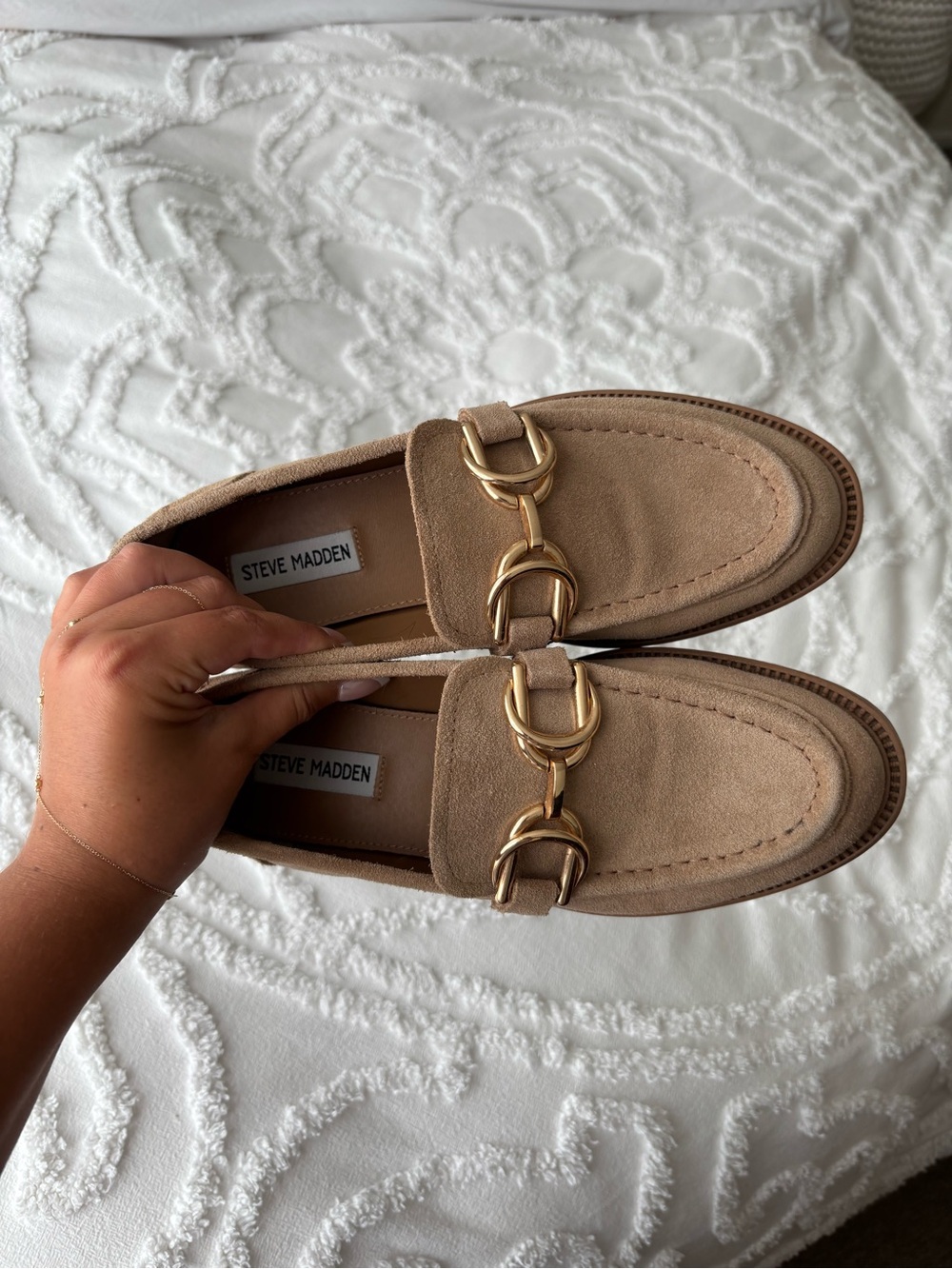 Steve Madden Tan Suede Loafers with Gold Hardware